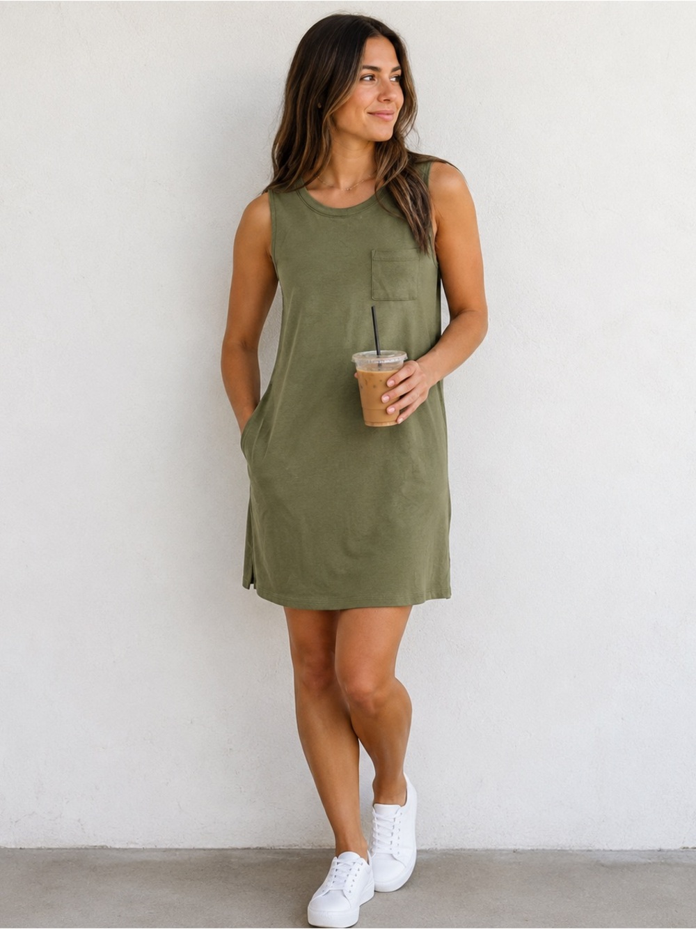 Three Dots Long Weekend Tank Dress Green Cotton Modal Casual Travel Small